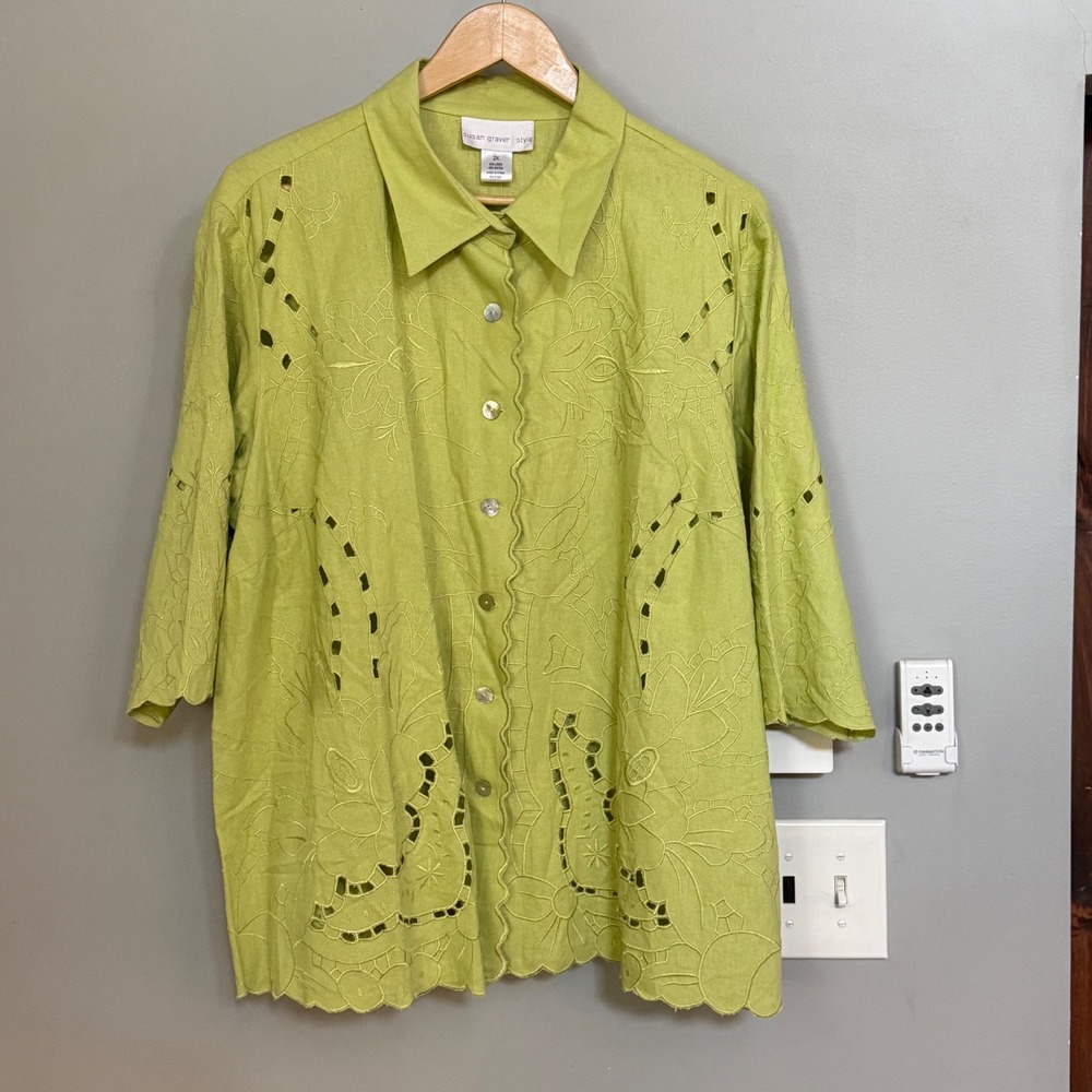 Susan Graver Style Lime Green‎ Linen Blend Eyelet Embroidered Top 2X NWT